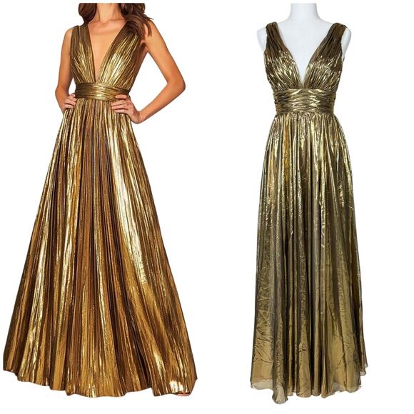 Mac Duggal NWT Liquid Gold Pleated Deep V-Neck Maxi Gown Size 2 Sleeveless - Picture 1 of 8